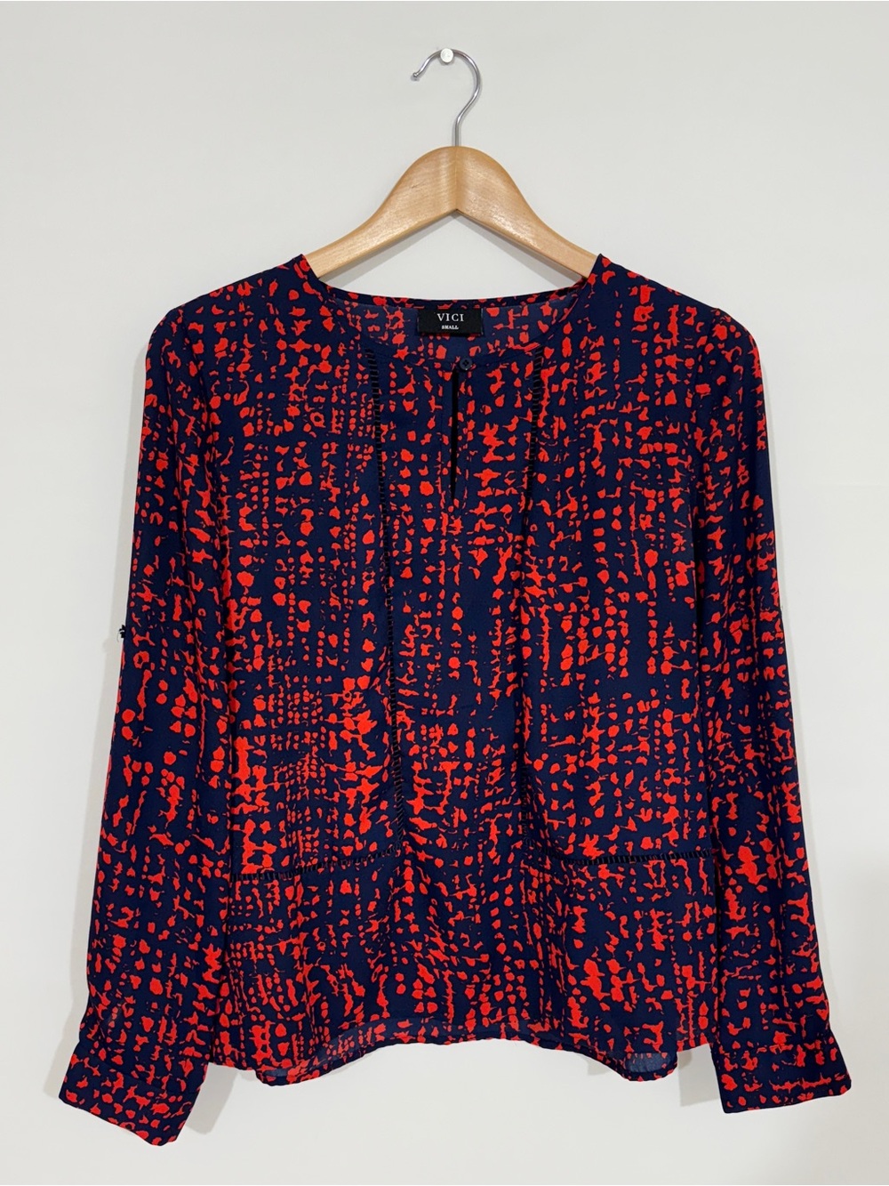 WSH135 {VICI} Navy Blue Red Printed Long Sleeve Tunic Blouse Shirt Top